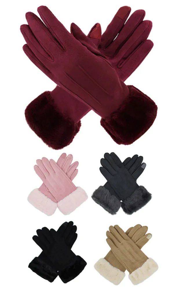 DBG515 Suede Screen-Touch Gloves W/Fur Cuffs 12prs PK