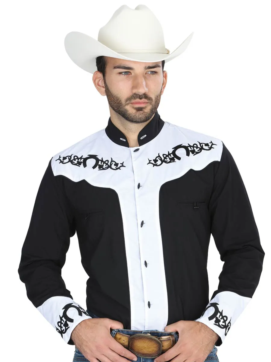 El Señor de los Cielos Charro Embroidered Long Sleeve Black / White Cowboy Shirt for Men 'The Lord of the Skies' - ID: 40795