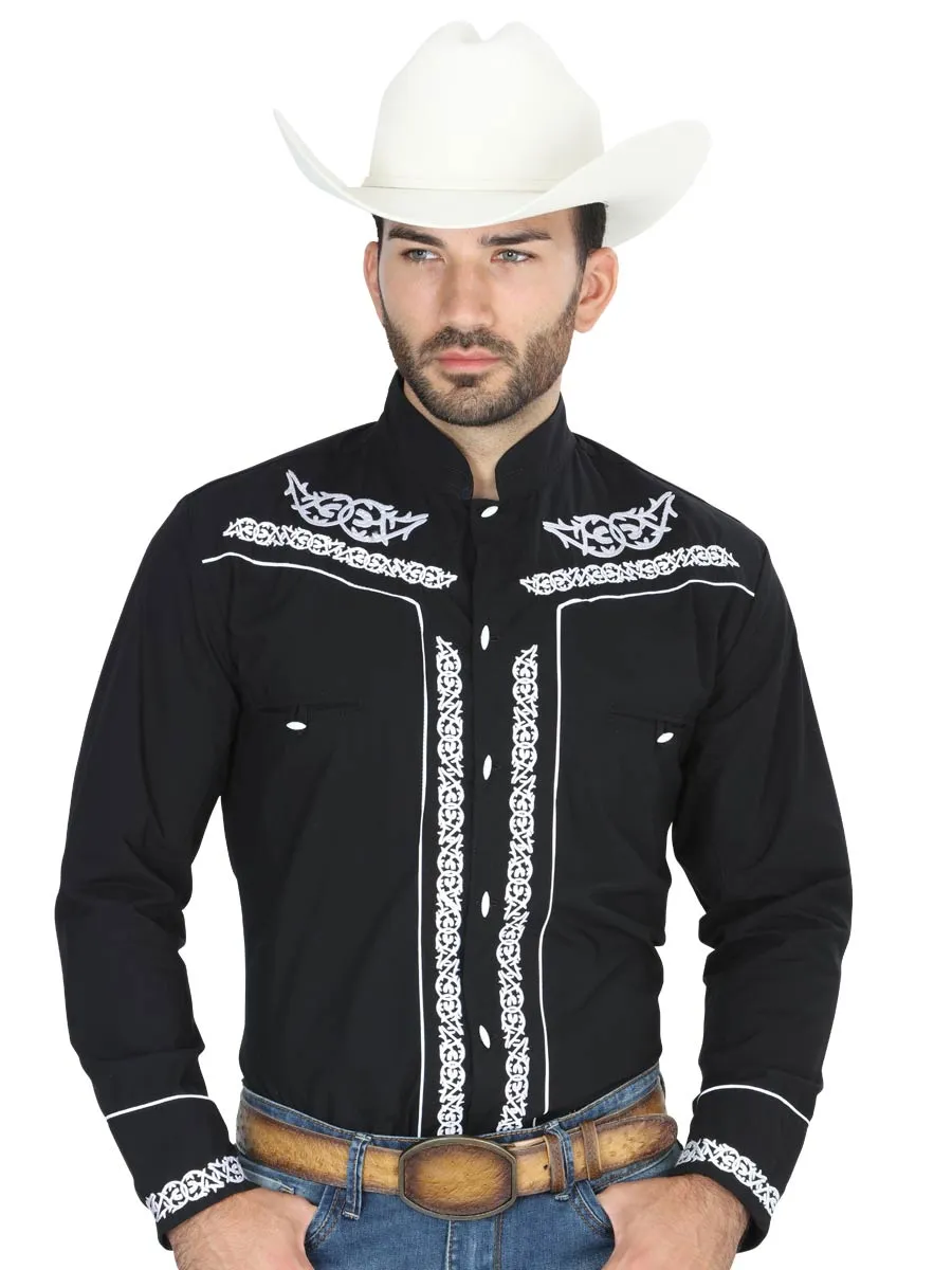 El Señor de los Cielos Charro Embroidered Long Sleeve Black Cowboy Shirt for Men 'The Lord of the Skies' - ID: 40782