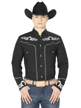 El Señor de los Cielos Charro Embroidered Long Sleeve Black Cowboy Shirt for Men 'The Lord of the Skies' - ID: 42879