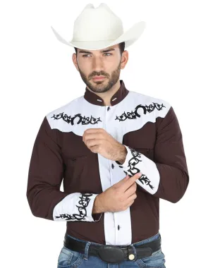 El Señor de los Cielos Charro Embroidered Long Sleeve Cafe/White Cowboy Shirt for Men 'The Lord of the Skies' - ID: 40793