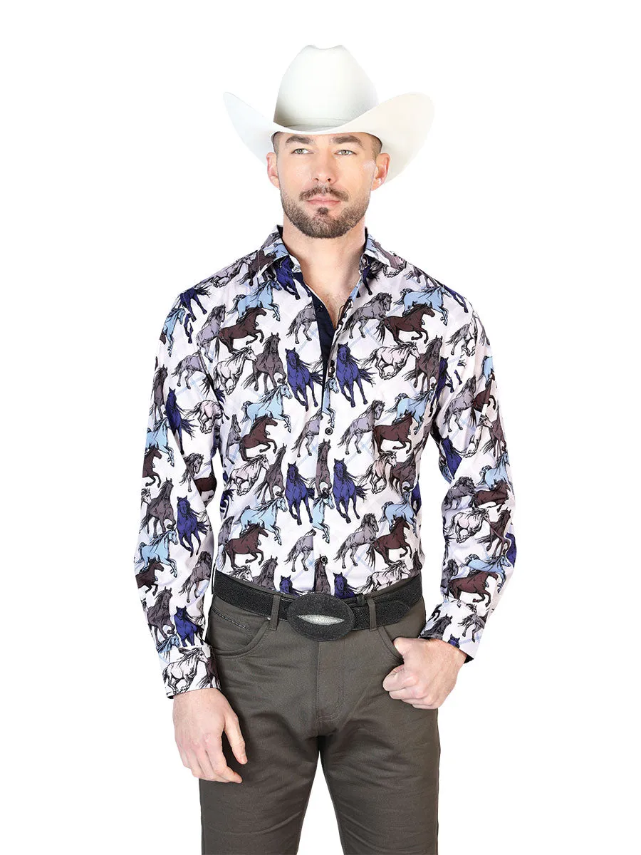 El Señor de los Cielos Long Sleeve Cowboy Shirt Printed Brown Gray Horses for Men 'The Lord of the Skies' - ID: 43692