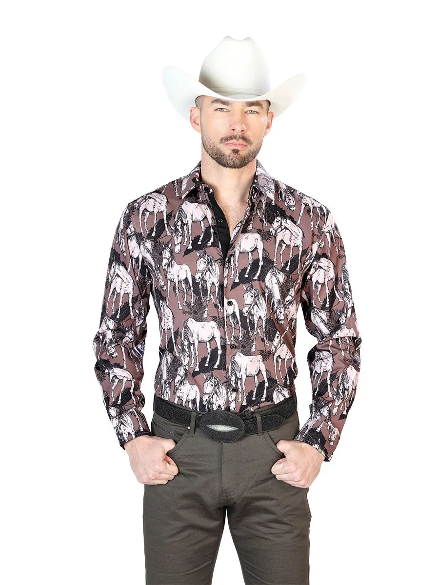 El Señor de los Cielos Long Sleeve Cowboy Shirt Printed Horses Coffee for Men 'The Lord of the Skies' - ID: 43699