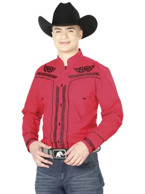 El Señor de los Cielos Red Long Sleeve Embroidered Charro Cowboy Shirt for Men 'The Lord of the Skies' - ID: 40786