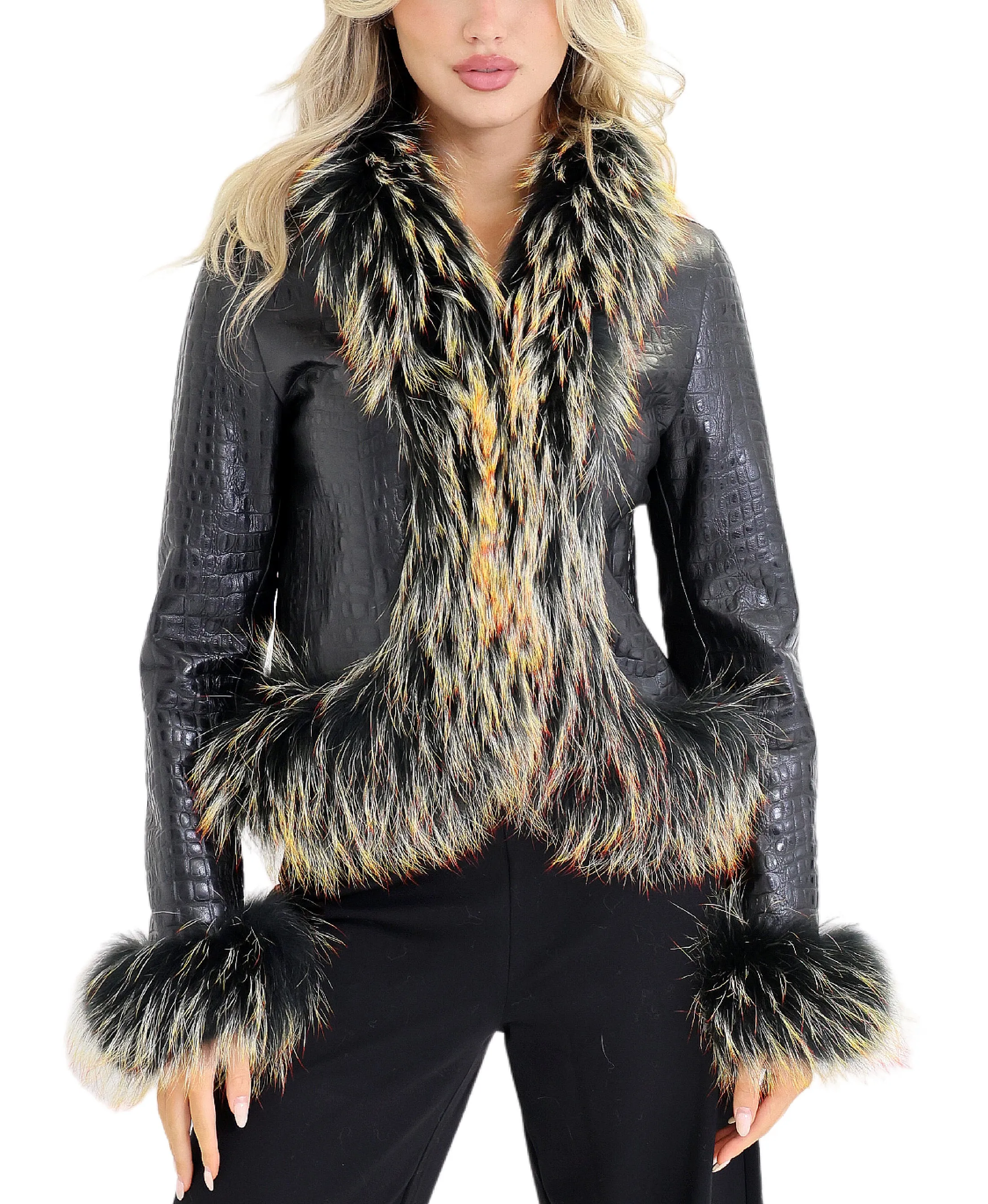 Embossed Leather Jacket w/ Fox Fur Trim