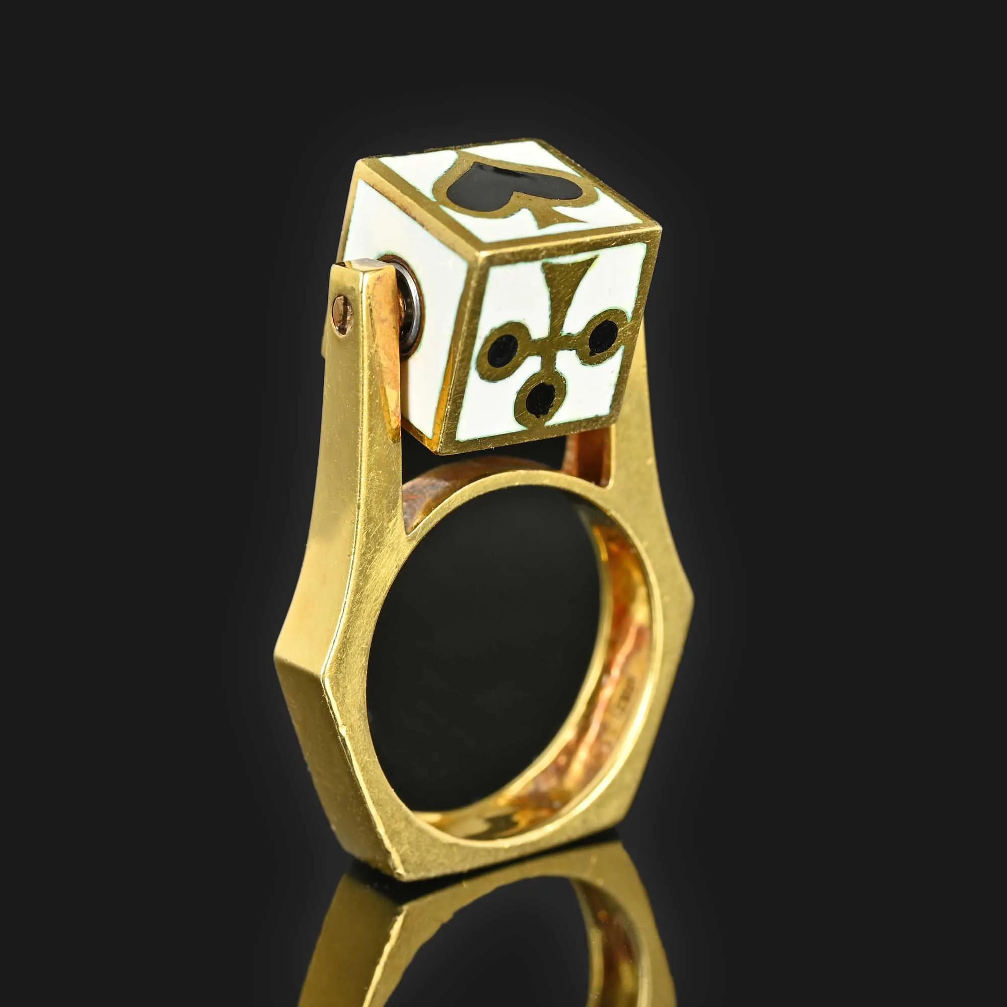 Enamel Playing Card Gambler Spinner Ring in 18K Gold