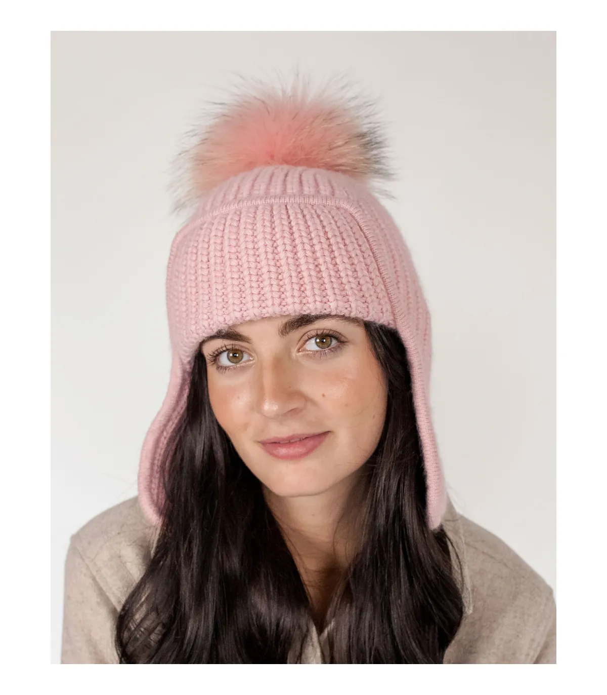 Erin Knit Beanie with Finn Raccoon Fur Pom Pom in Pink at FurHatWorld.com