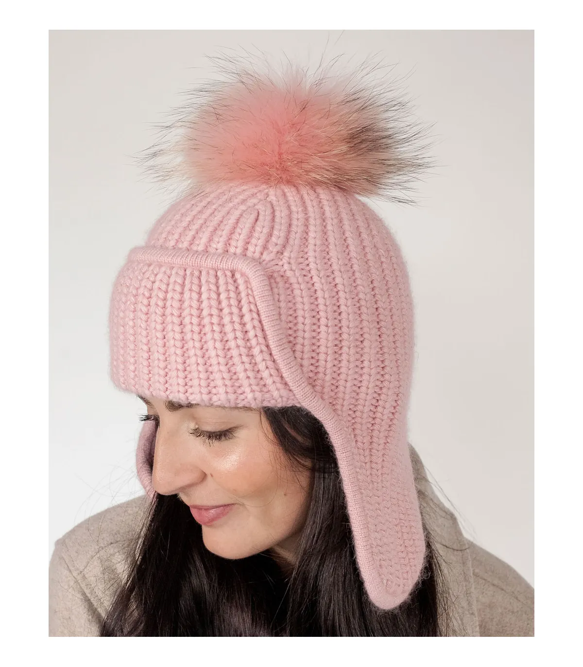 Erin Knit Beanie with Finn Raccoon Fur Pom Pom in Pink at FurHatWorld.com