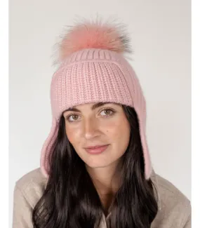 Erin Knit Beanie with Finn Raccoon Fur Pom Pom in Pink at FurHatWorld.com