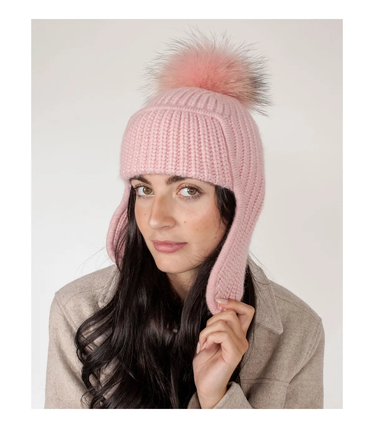 Erin Knit Beanie with Finn Raccoon Fur Pom Pom in Pink at FurHatWorld.com