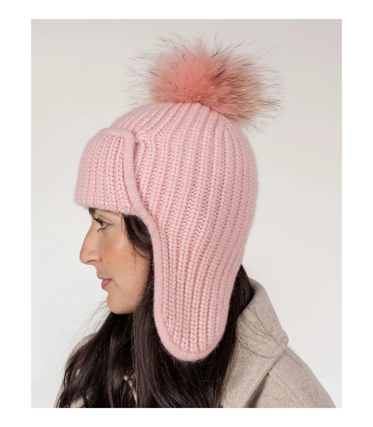 Erin Knit Beanie with Finn Raccoon Fur Pom Pom in Pink at FurHatWorld.com