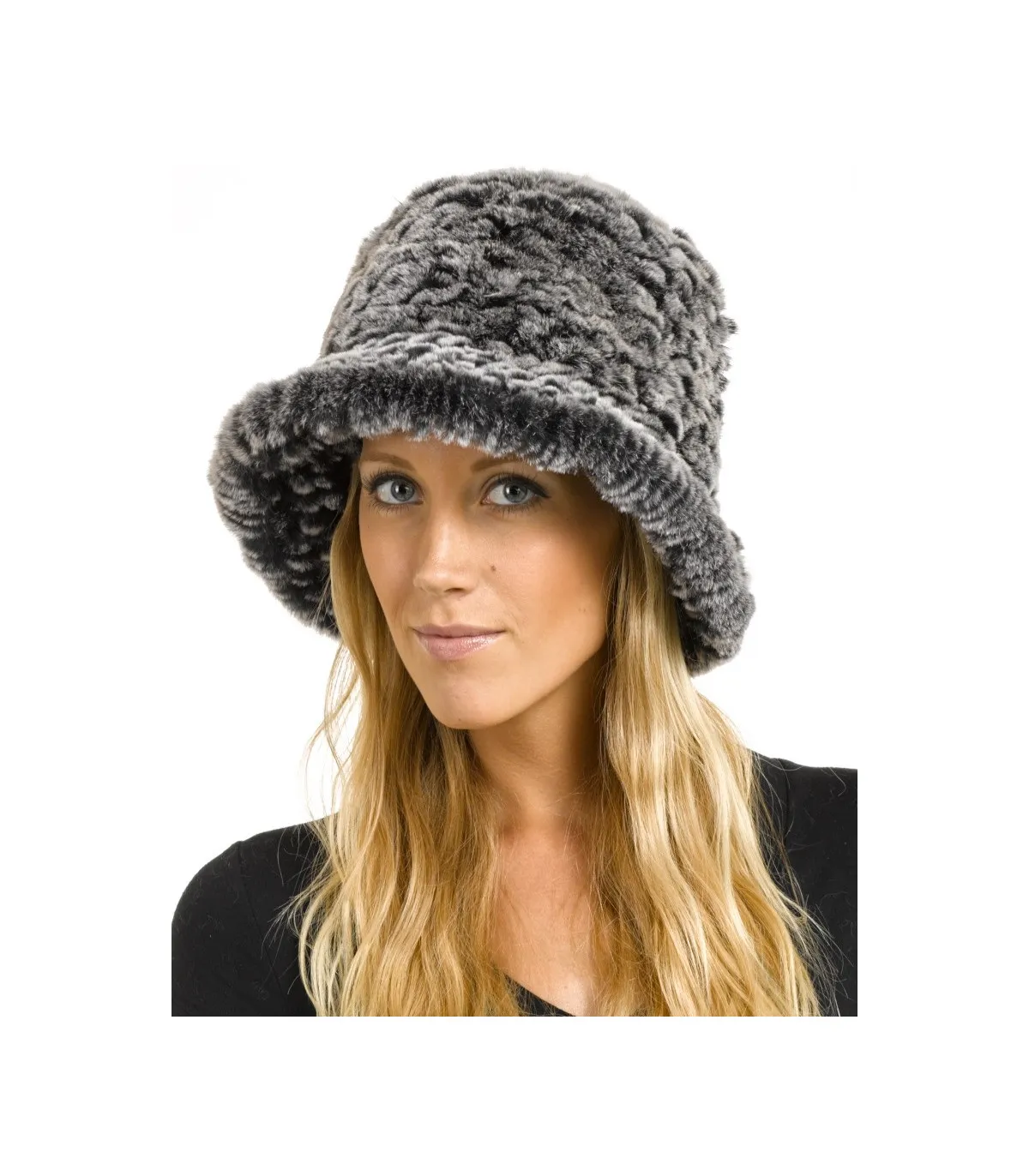 Estelle Black Frost Rex Rabbit Fur Bucket Hat: FurHatWorld.com