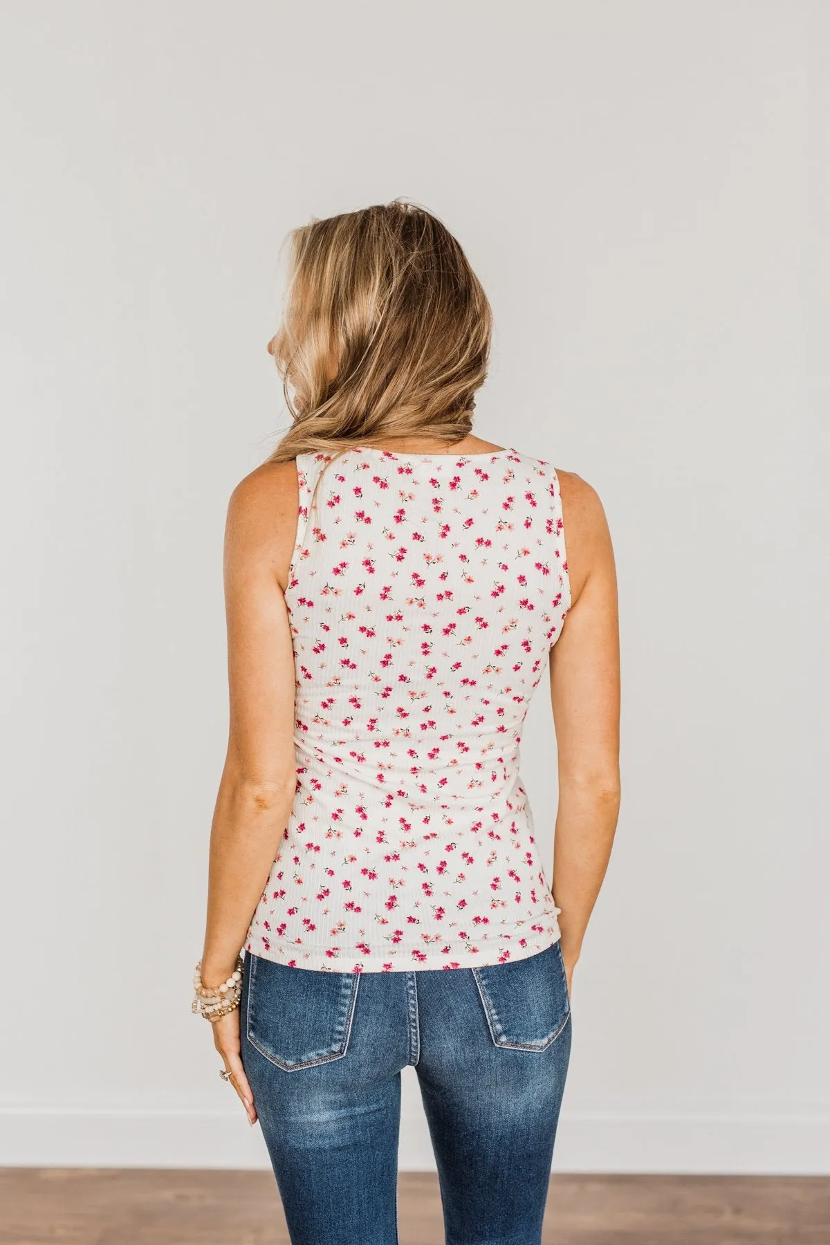 Everlasting Moments Floral Zipper Henley Tank Top- Ivory