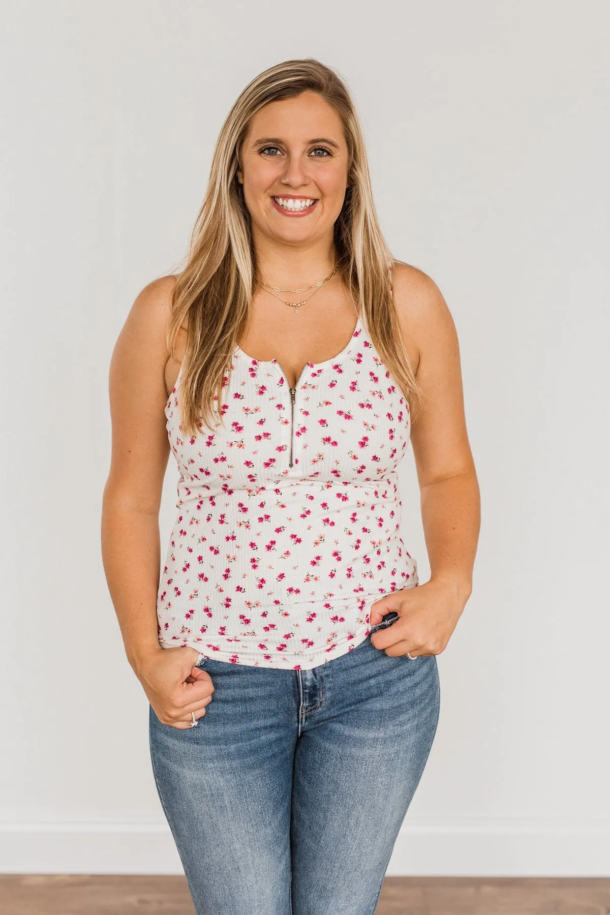 Everlasting Moments Floral Zipper Henley Tank Top- Ivory