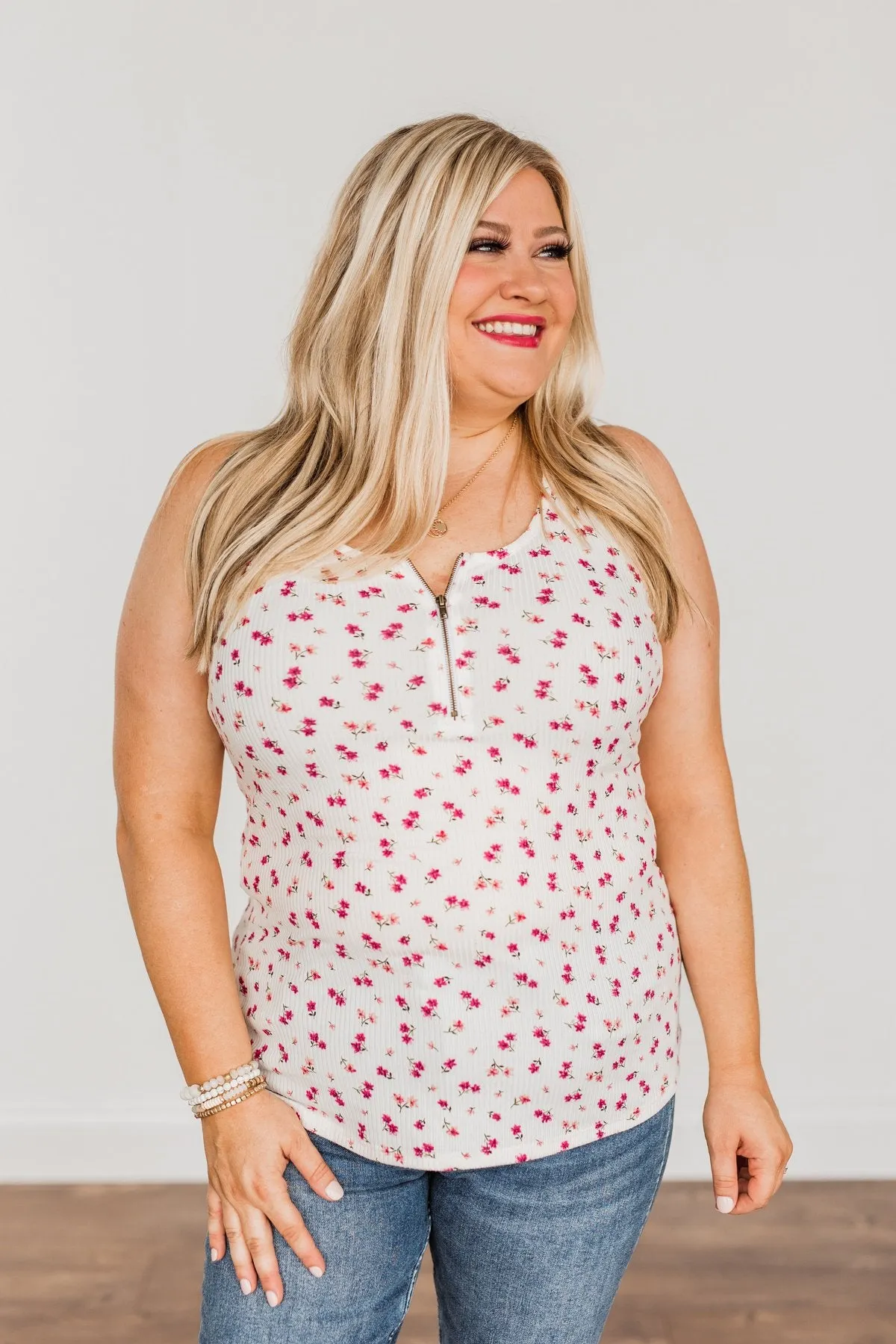 Everlasting Moments Floral Zipper Henley Tank Top- Ivory