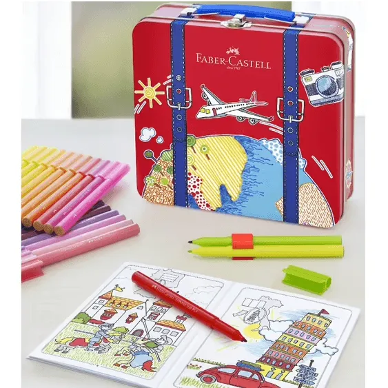 Faber-Castell Travel Connector Pens 40 Pack Tin Carrying Case Colouring Book Set