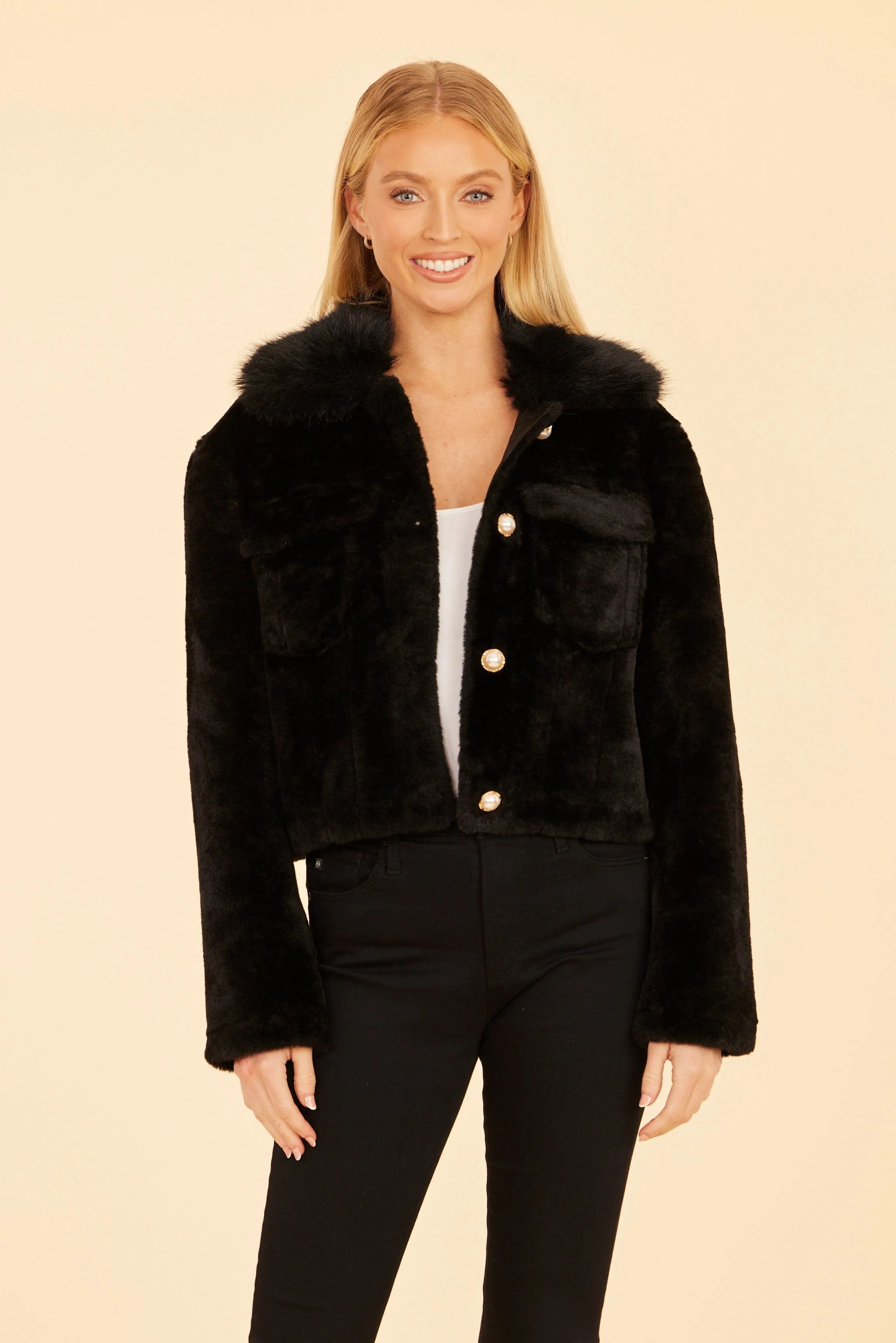 Faux Fur Pearl Button Jacket