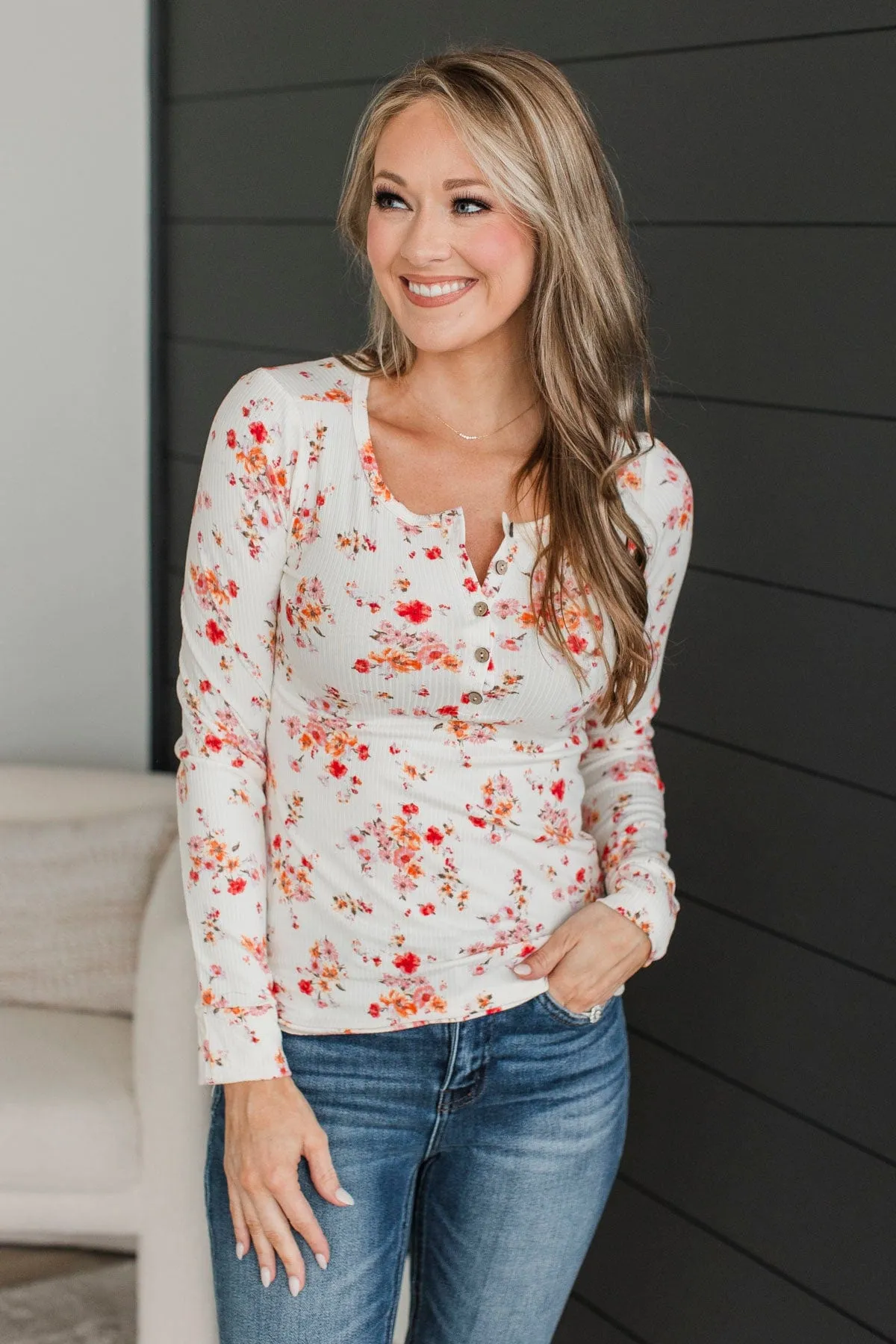 Feels Like Fate Floral Henley Top- Ivory & Coral