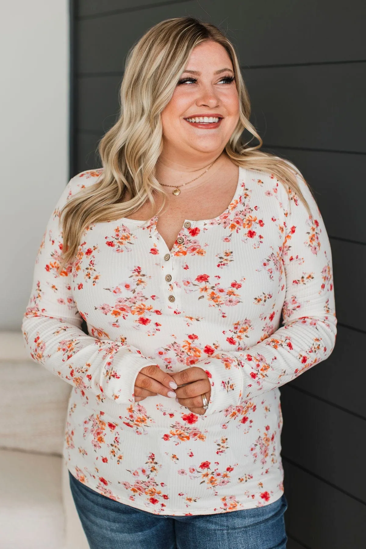 Feels Like Fate Floral Henley Top- Ivory & Coral