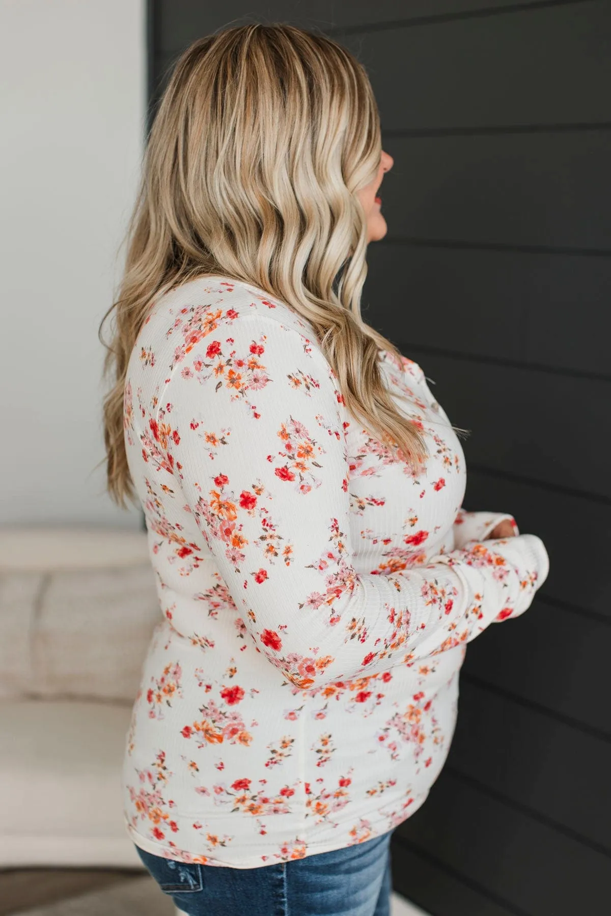 Feels Like Fate Floral Henley Top- Ivory & Coral