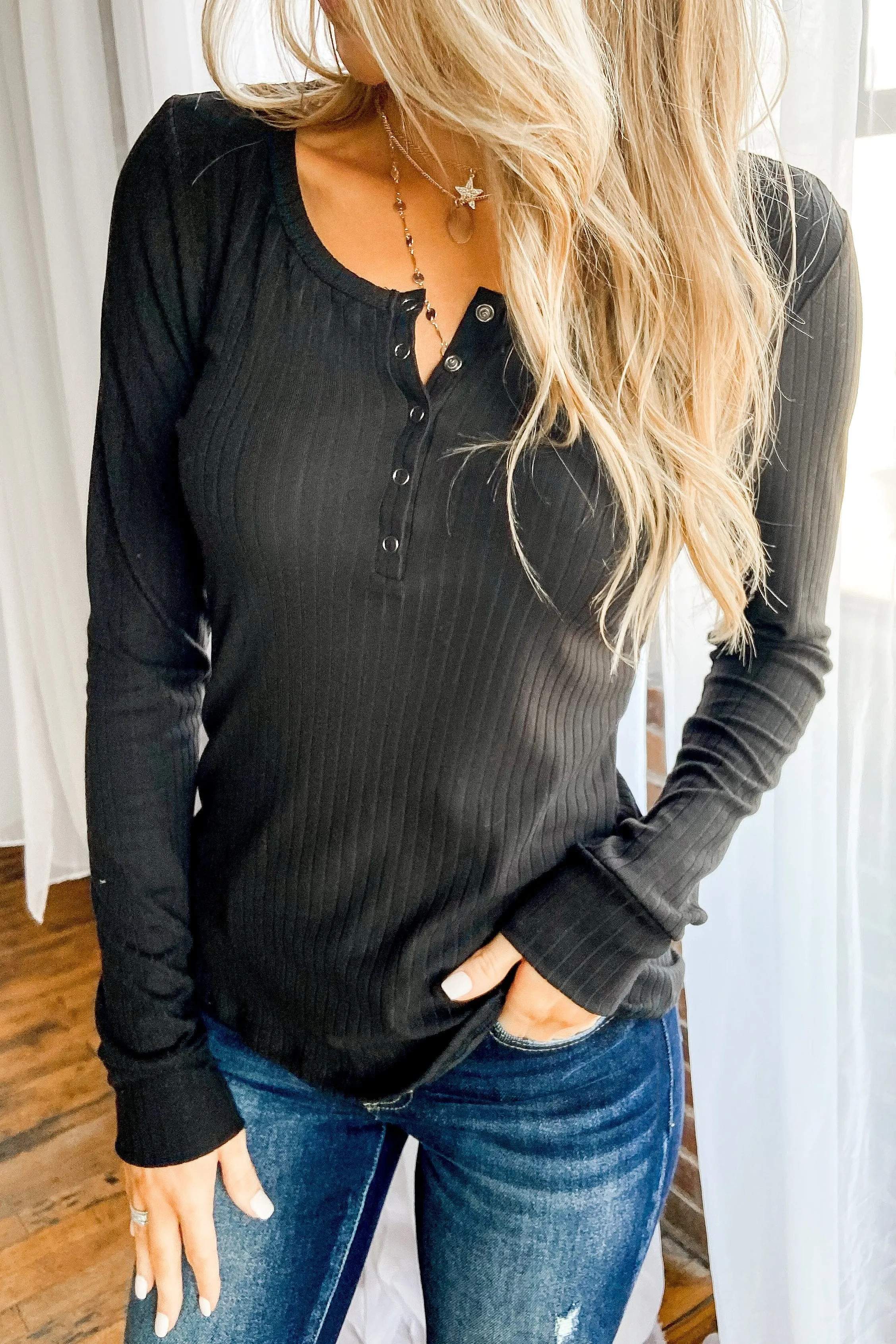 Finally Found You Button Henley Top- Black