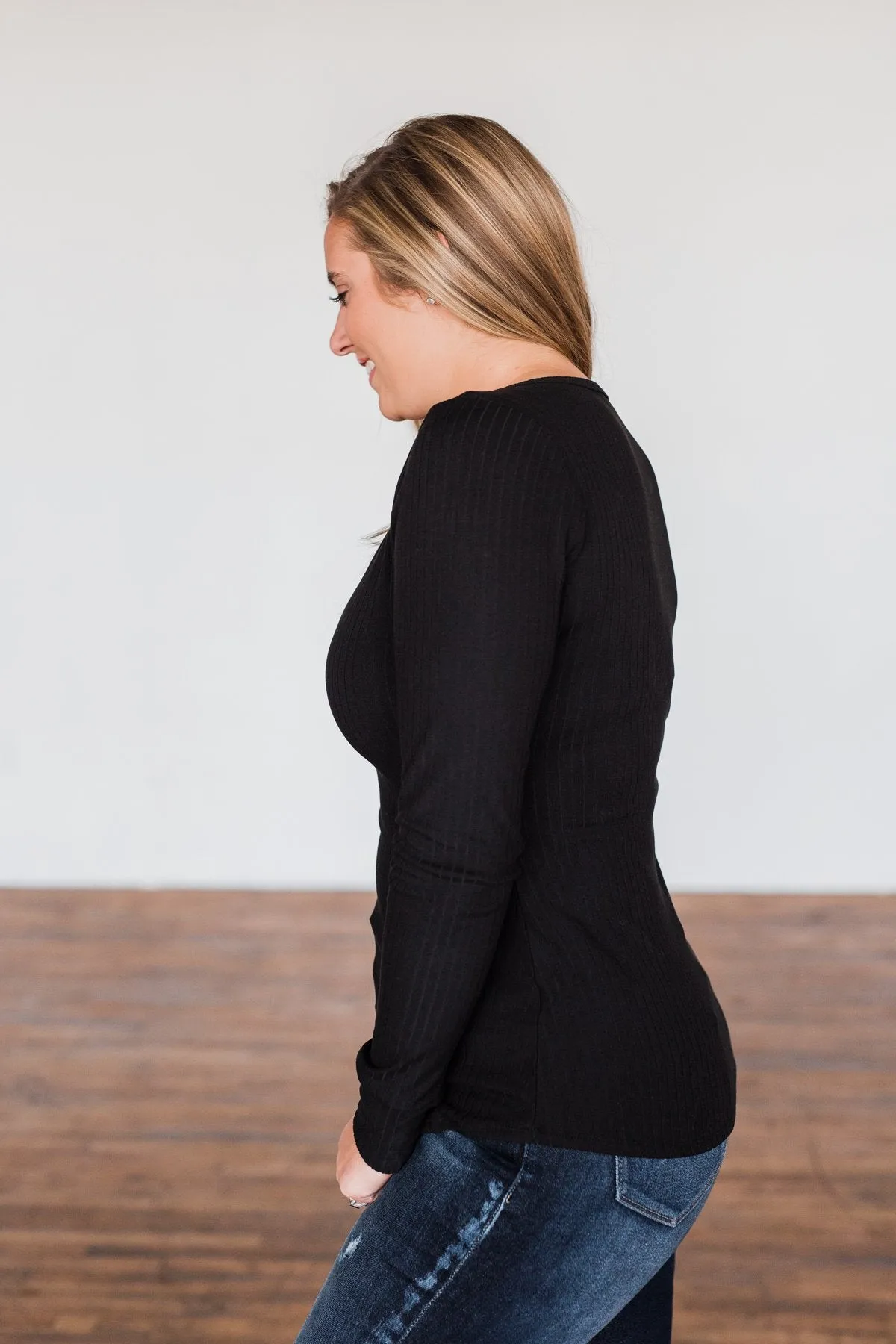 Finally Found You Button Henley Top- Black