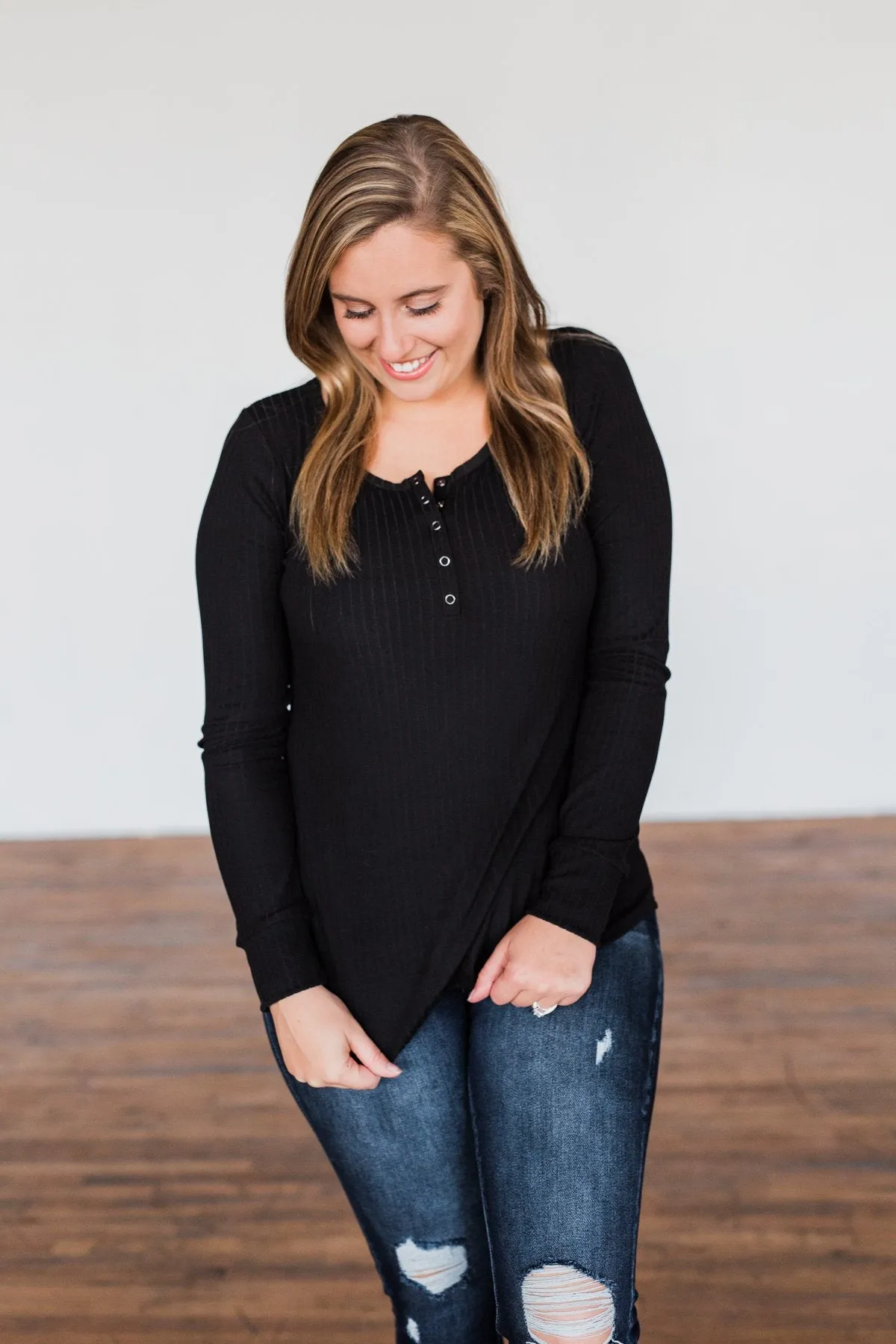 Finally Found You Button Henley Top- Black