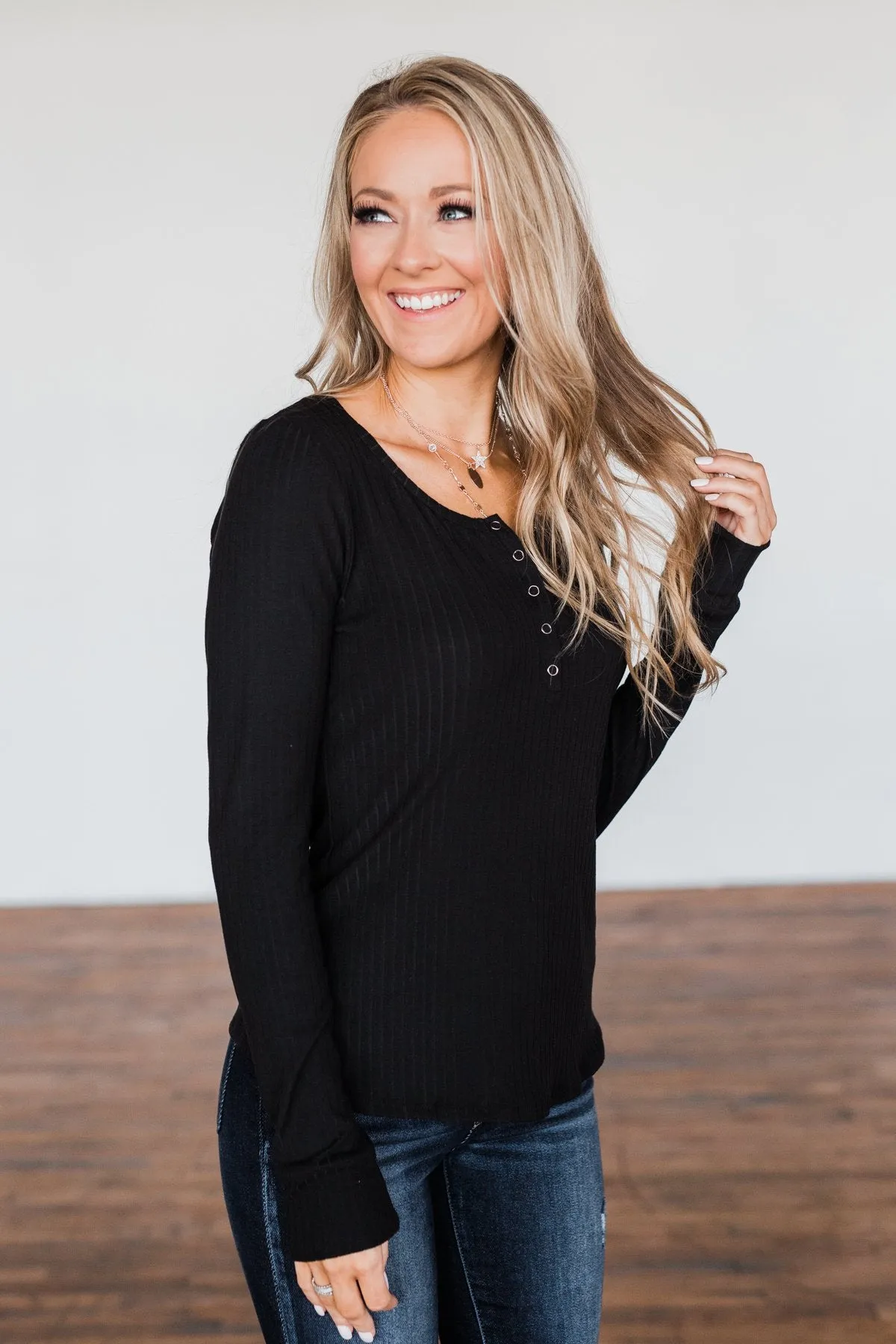 Finally Found You Button Henley Top- Black