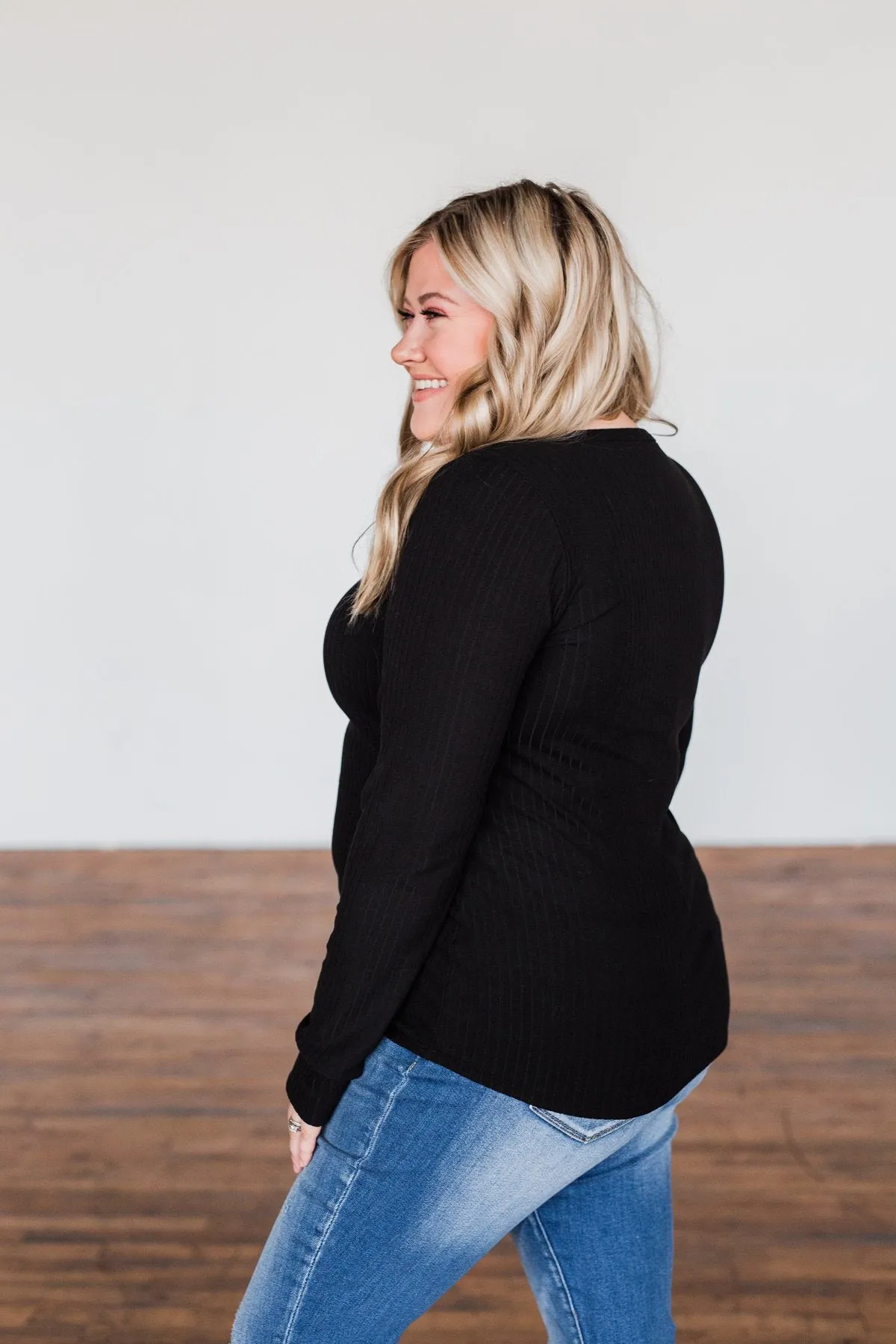 Finally Found You Button Henley Top- Black