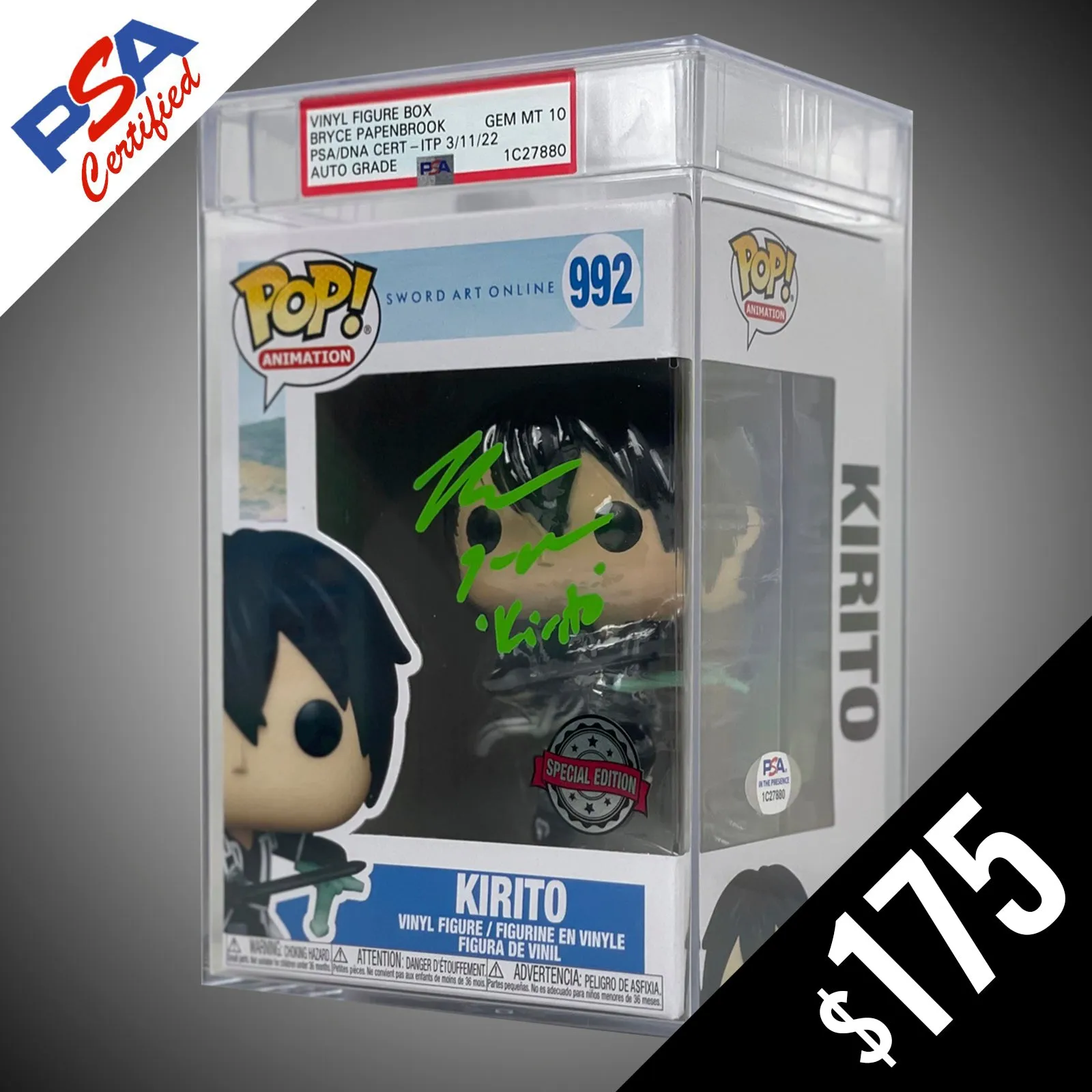 Funko Pop! SWO: Kirito #992 - SIGNED by Bryce Papenbrook (ENCASED - PSA Certified - Gem Mint 10 Auto)