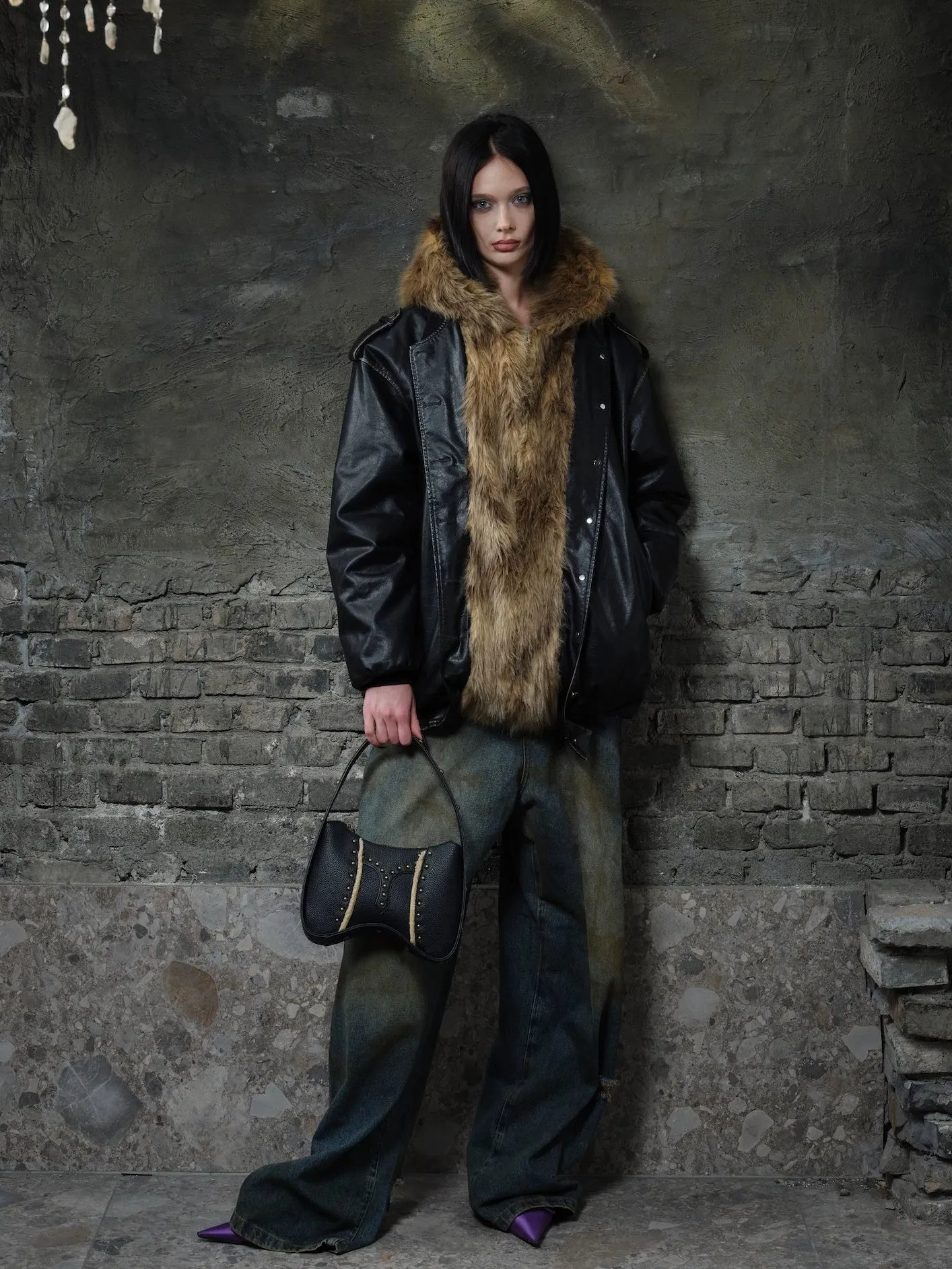 Fur Splicing Washed Leather Jacket