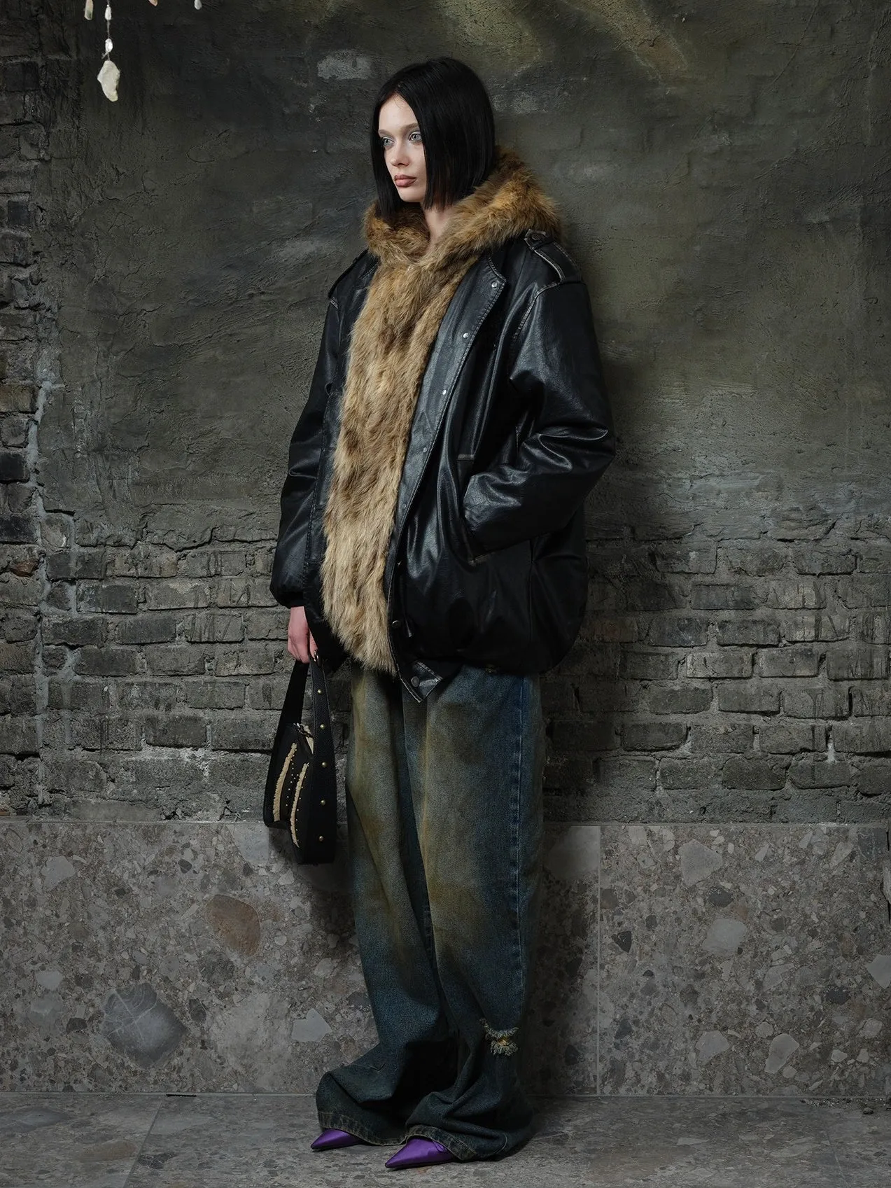 Fur Splicing Washed Leather Jacket