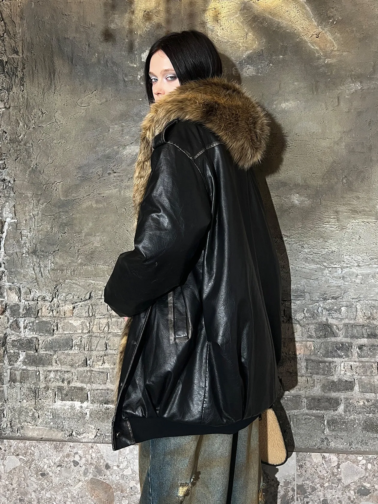 Fur Splicing Washed Leather Jacket