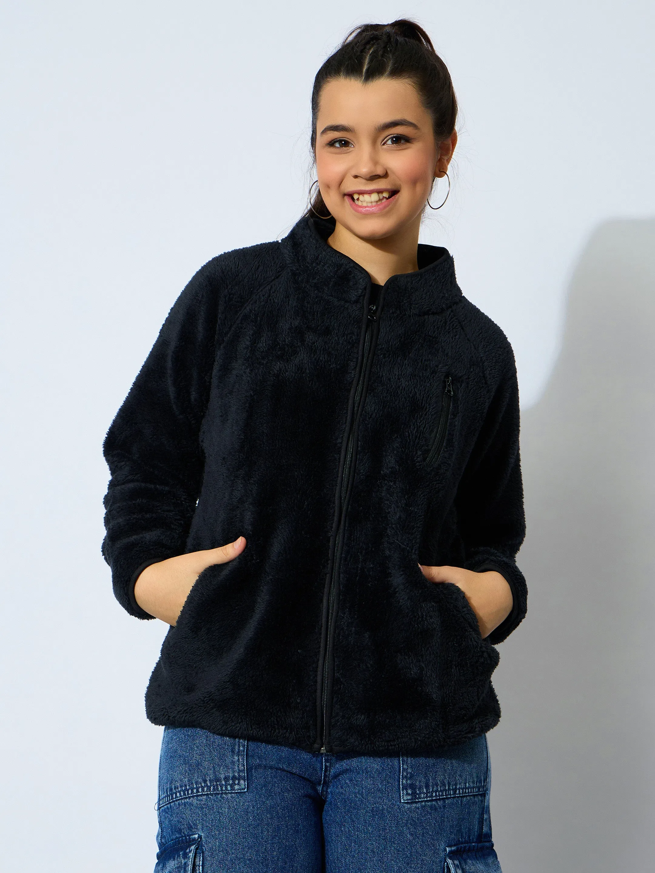 Girl Black Double Fur Front Zipper Regular Jacket