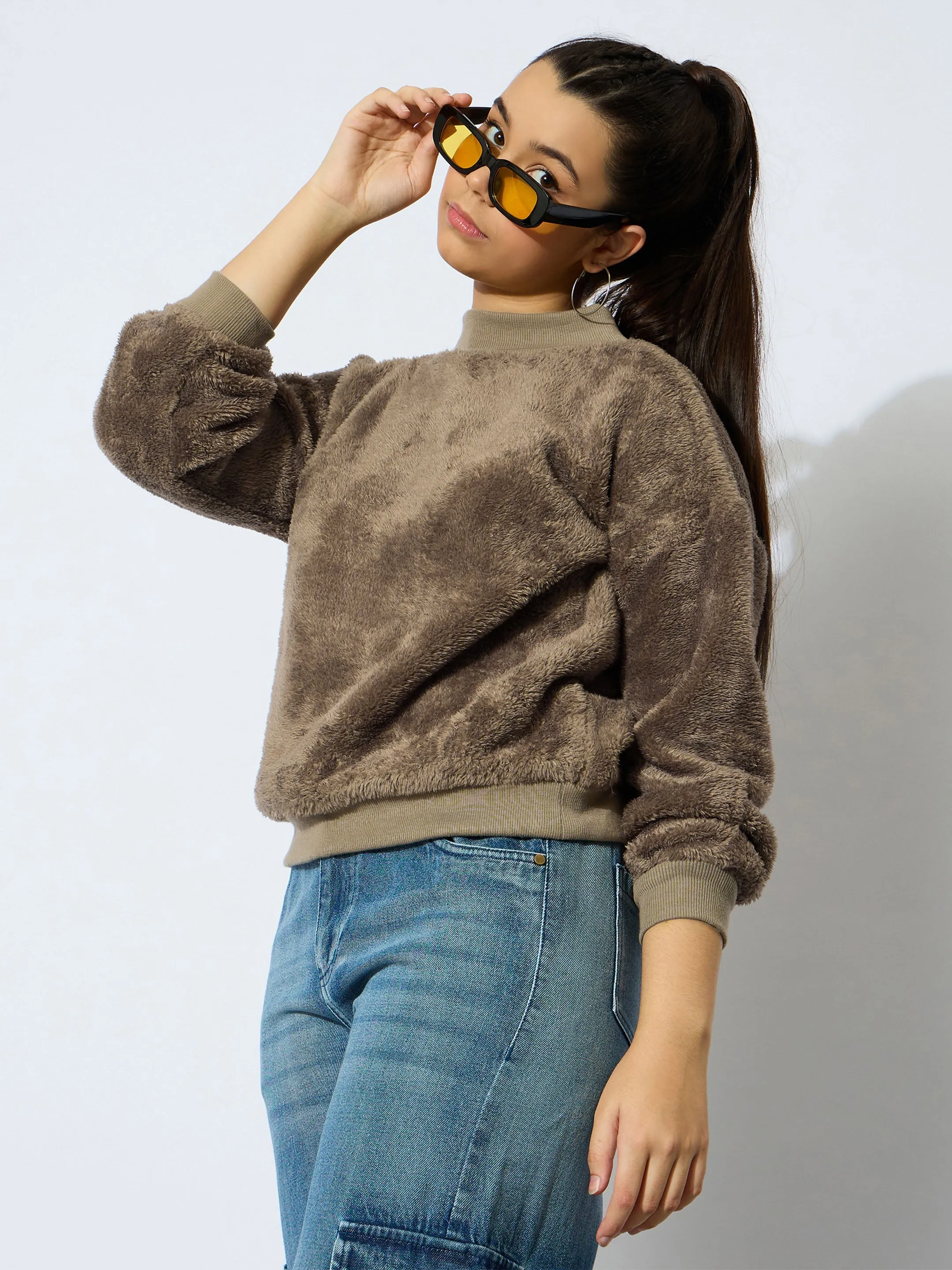 Girl Brown Double Fur High Neck Sweatshirt