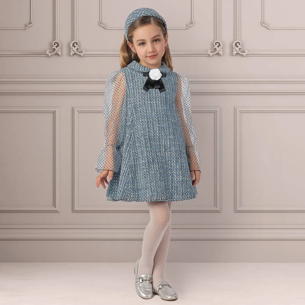 Girls Blue Sparkly Tweed Dress