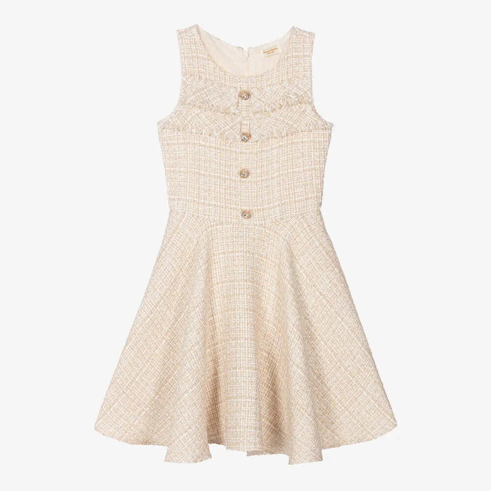 Girls Gold Sleeveless Tweed Dress