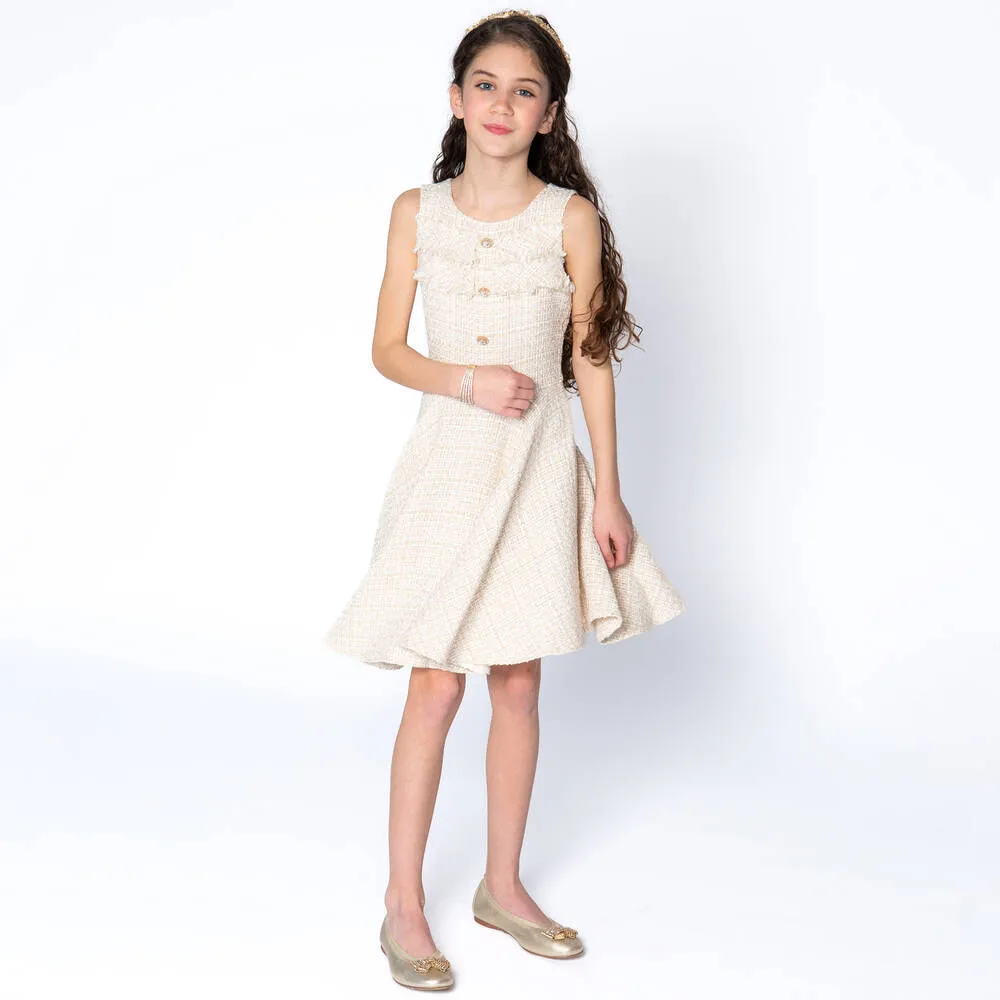 Girls Gold Sleeveless Tweed Dress