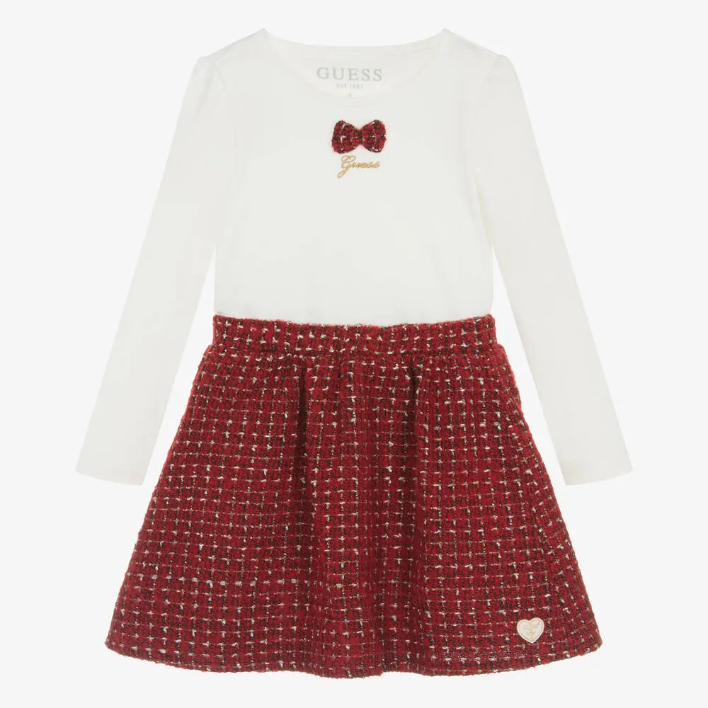 Girls Ivory Top & Red Tweed Skirt Set