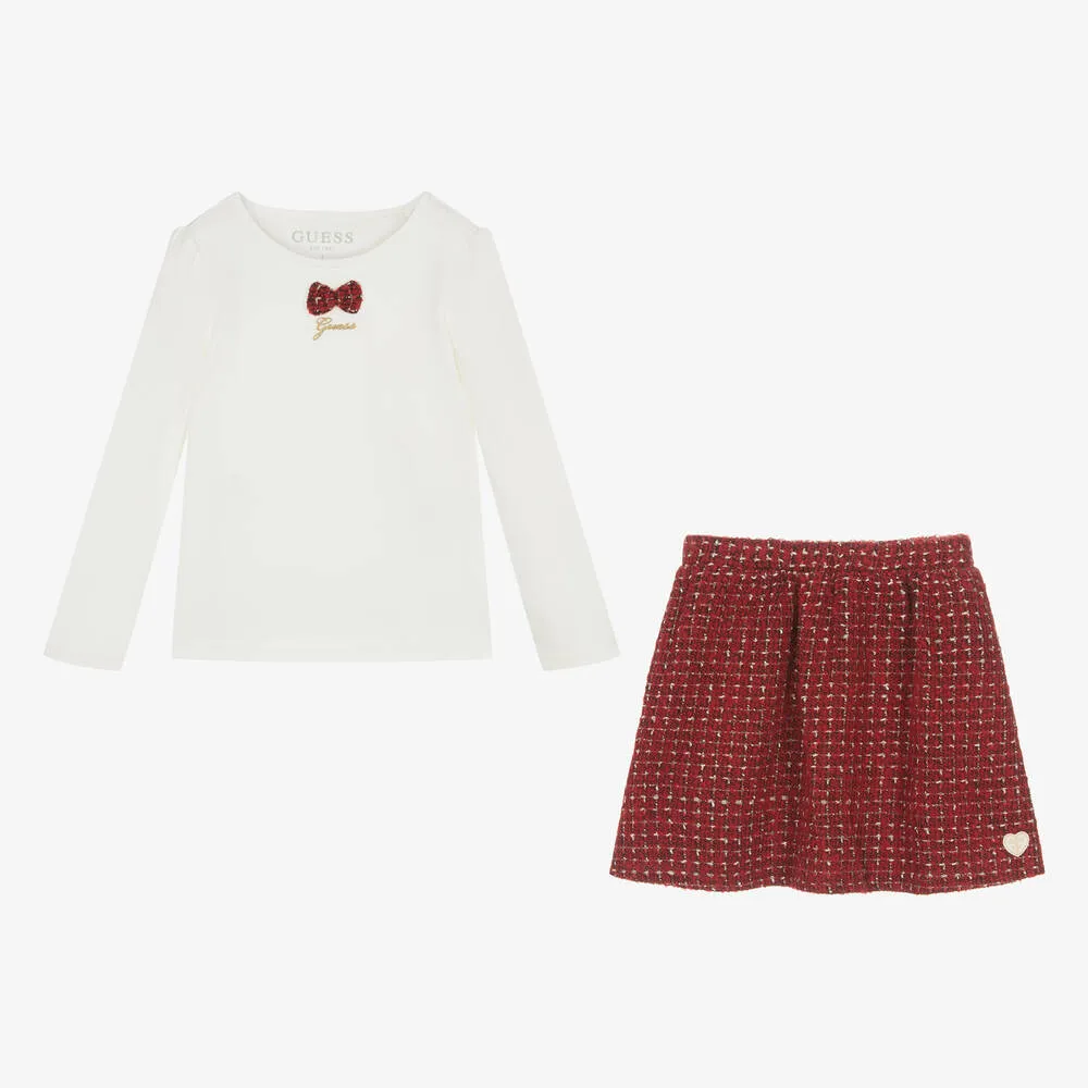 Girls Ivory Top & Red Tweed Skirt Set