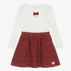 Girls Ivory Top & Red Tweed Skirt Set