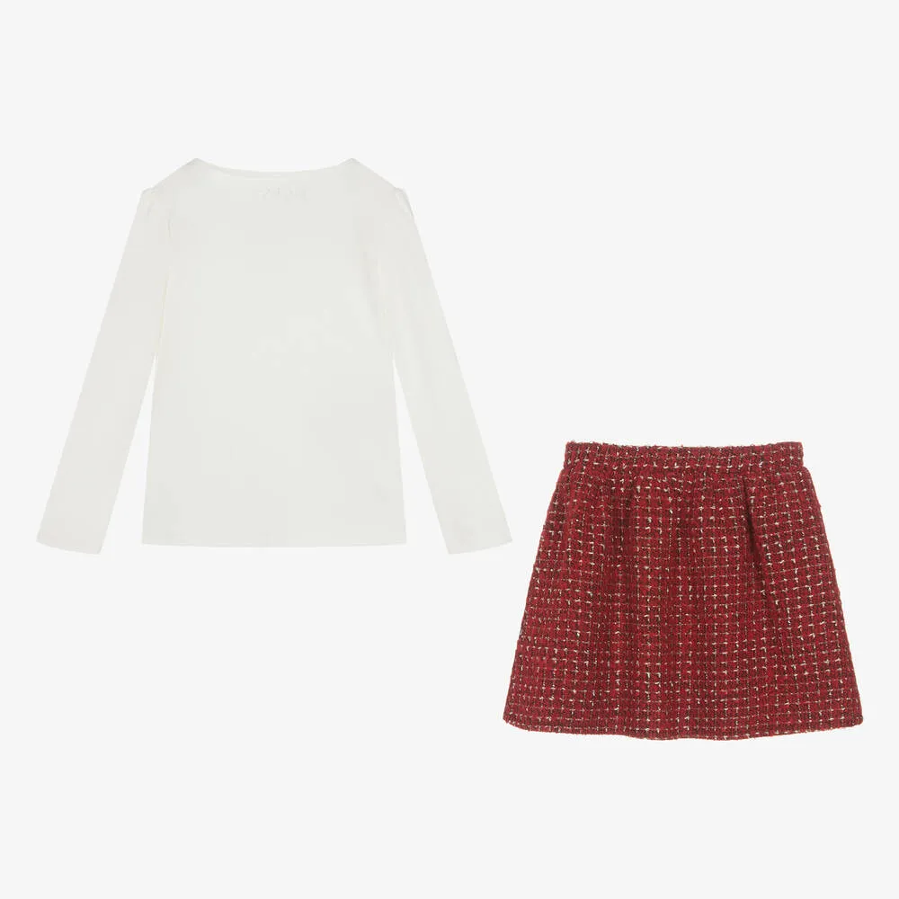 Girls Ivory Top & Red Tweed Skirt Set