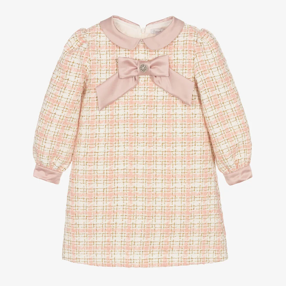 Girls White & Pink Tweed Dress