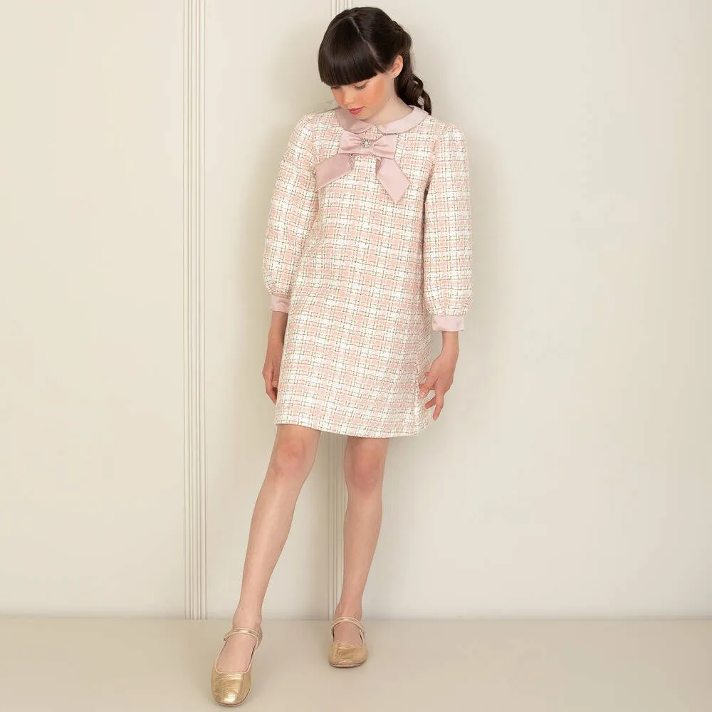 Girls White & Pink Tweed Dress