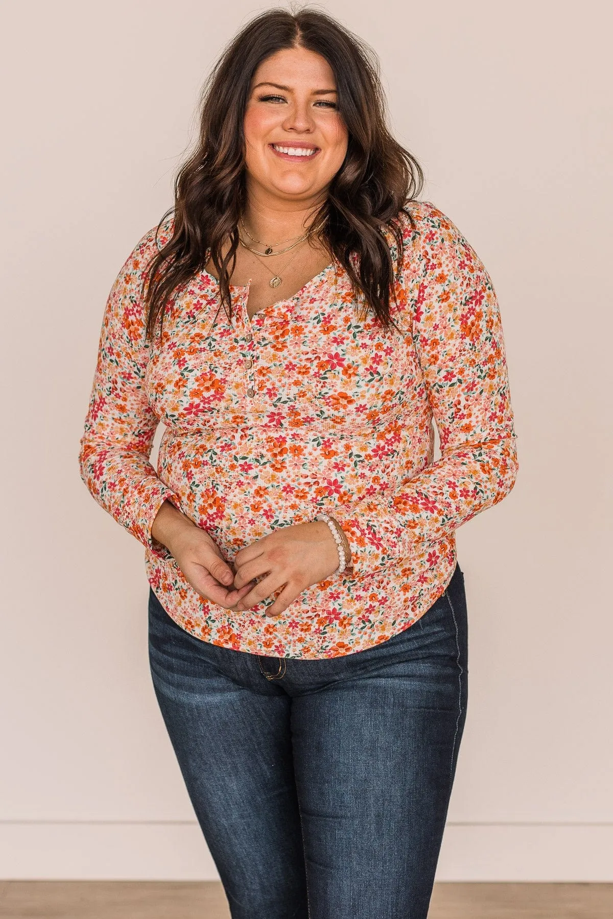 Glimpses Of Us Floral Henley Top- Ivory & Orange