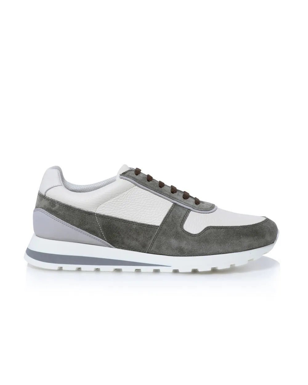 Grained Calfskin and Washed Suede Runners in White and Olive