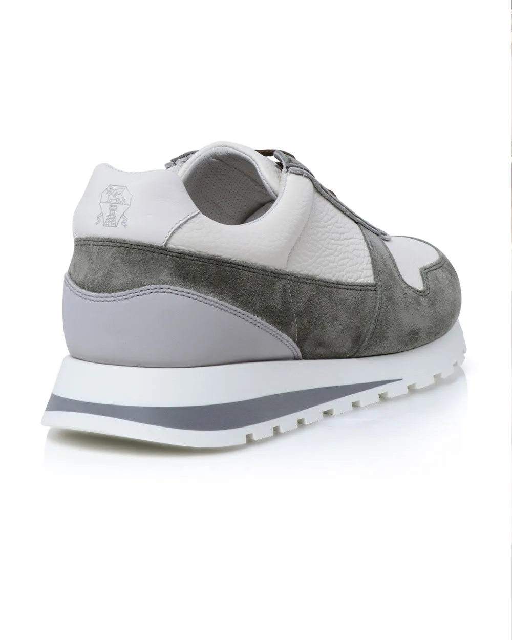 Grained Calfskin and Washed Suede Runners in White and Olive