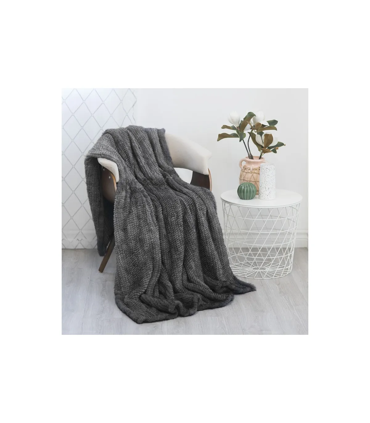 Grey Knit Mink Fur Throw for Luxurious Home Decor at FurSource.com