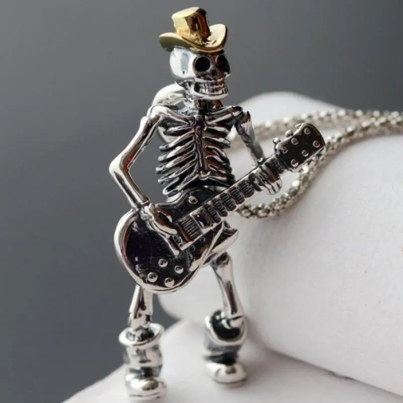 Guitar Playing Cowboy Skeleton Pendant Necklace