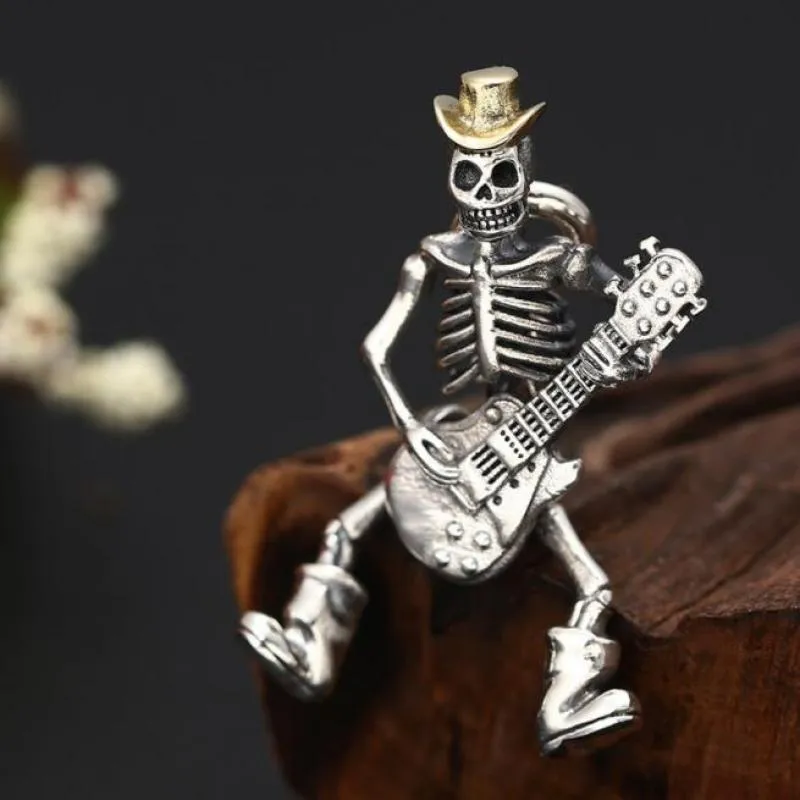 Guitar Playing Cowboy Skeleton Pendant Necklace